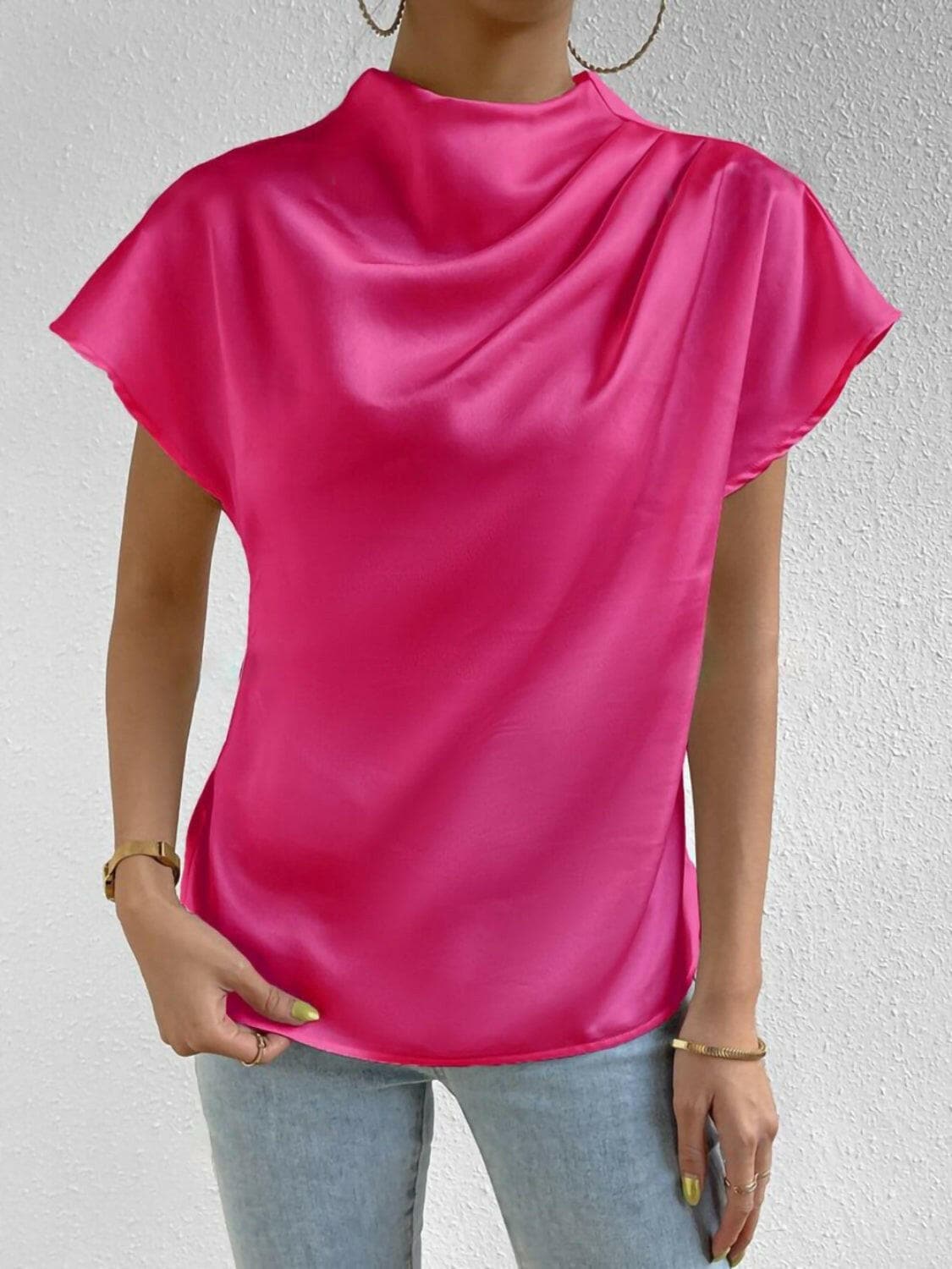 Ruched Mock Neck Short Sleeve Blouse.