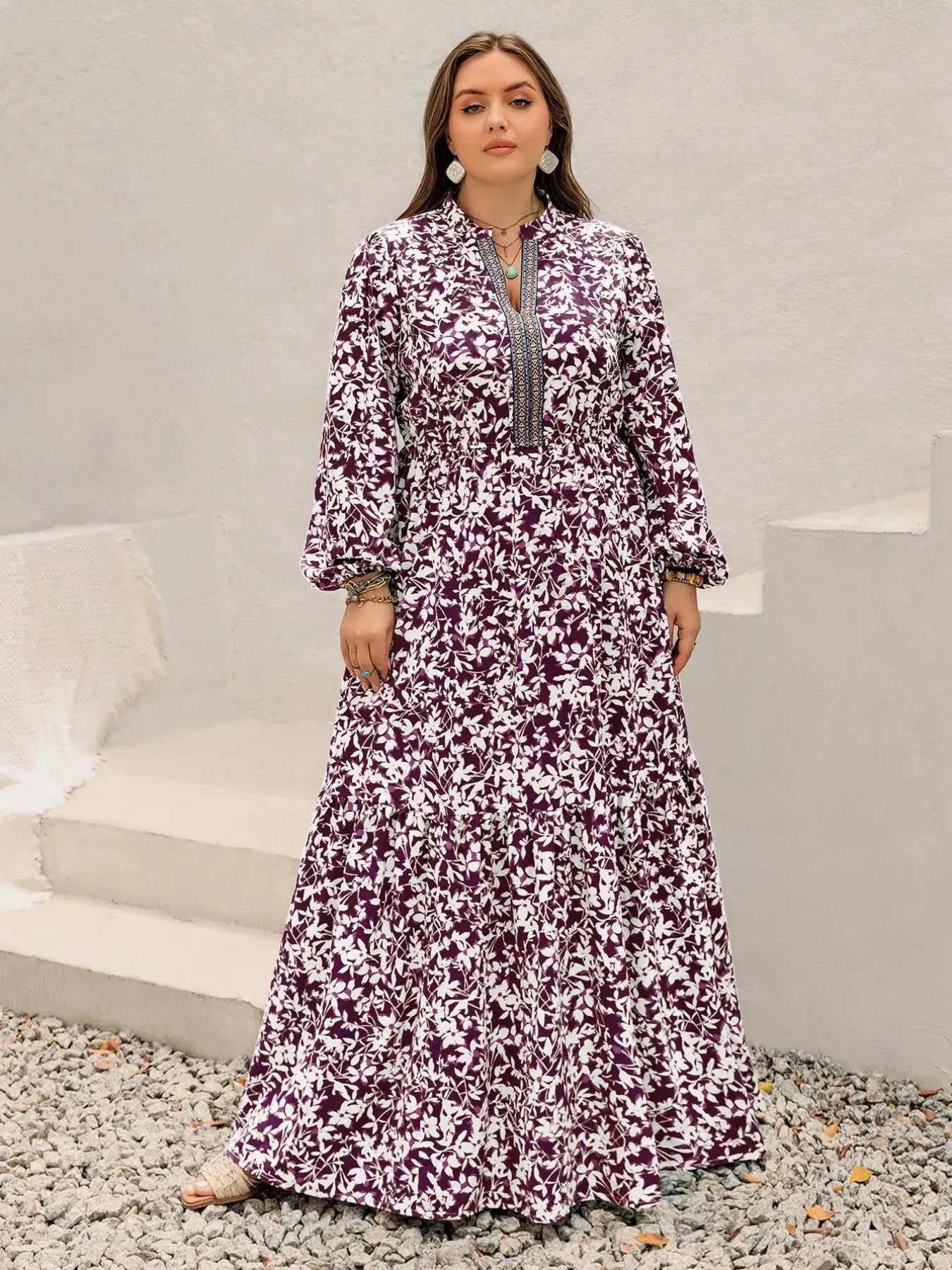 Plus Size Floral Print Maxi Dress with Long Sleeves Simply Love