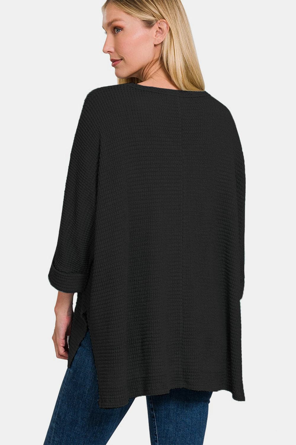 Zenana Full Size Waffle Knit V-Neck Long Sleeve Slit Top.