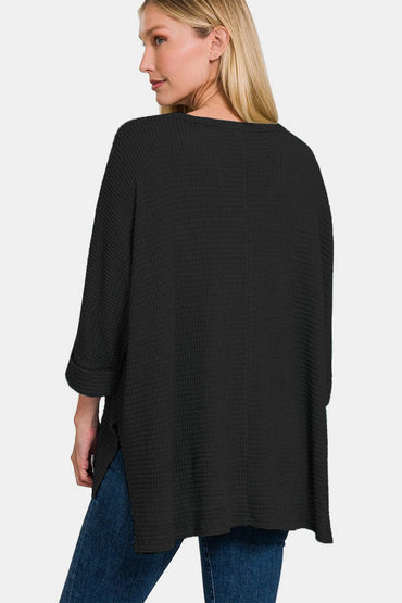 Zenana Full Size Waffle Knit V-Neck Long Sleeve Slit Top.