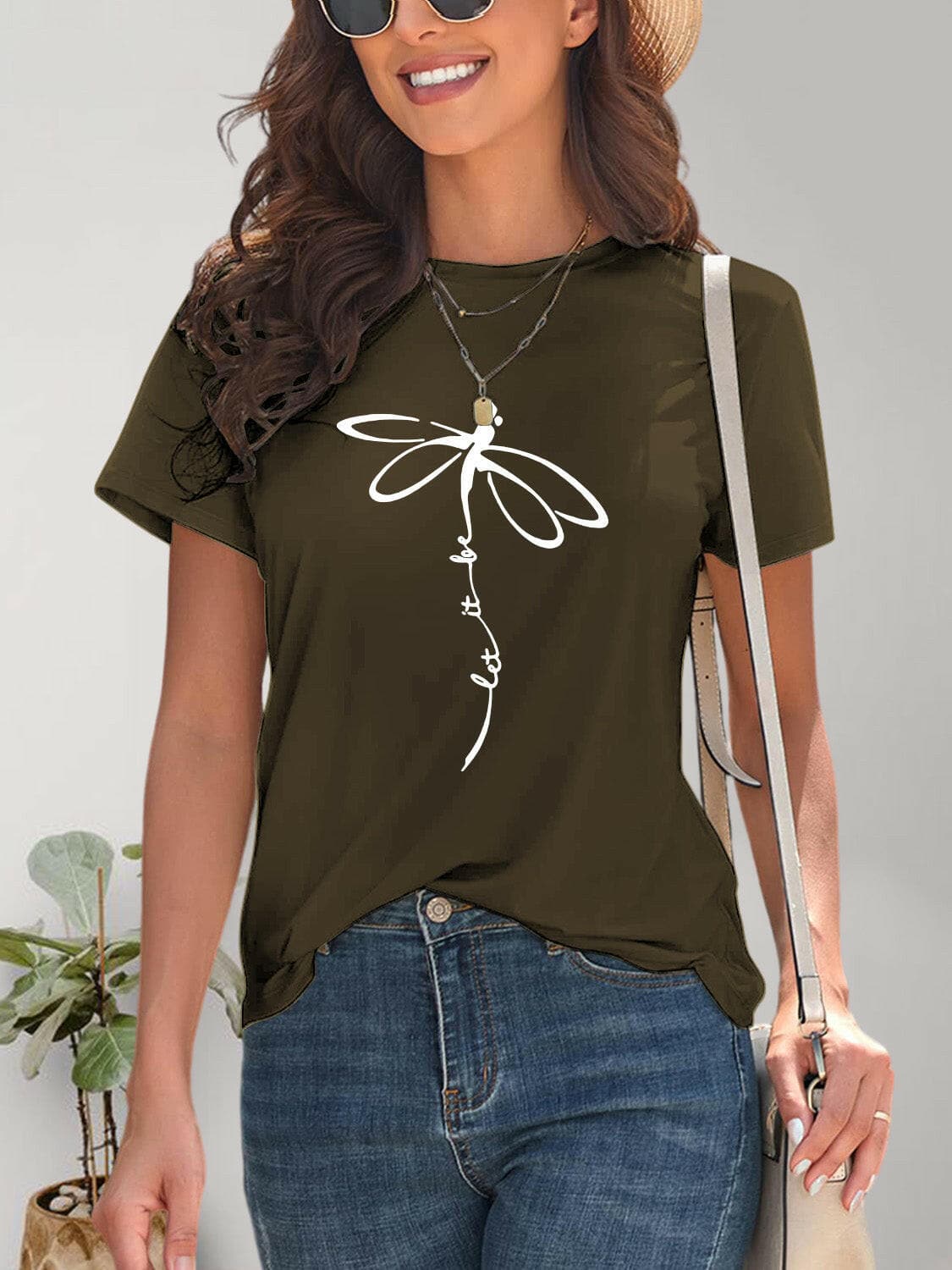 Dragonfly Graphic Round Neck Short Sleeve T-Shirt.