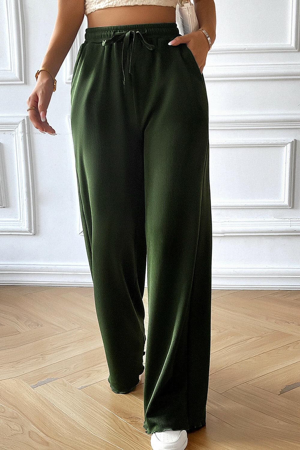 Drawstring Wide Leg Pants with Pocketed.