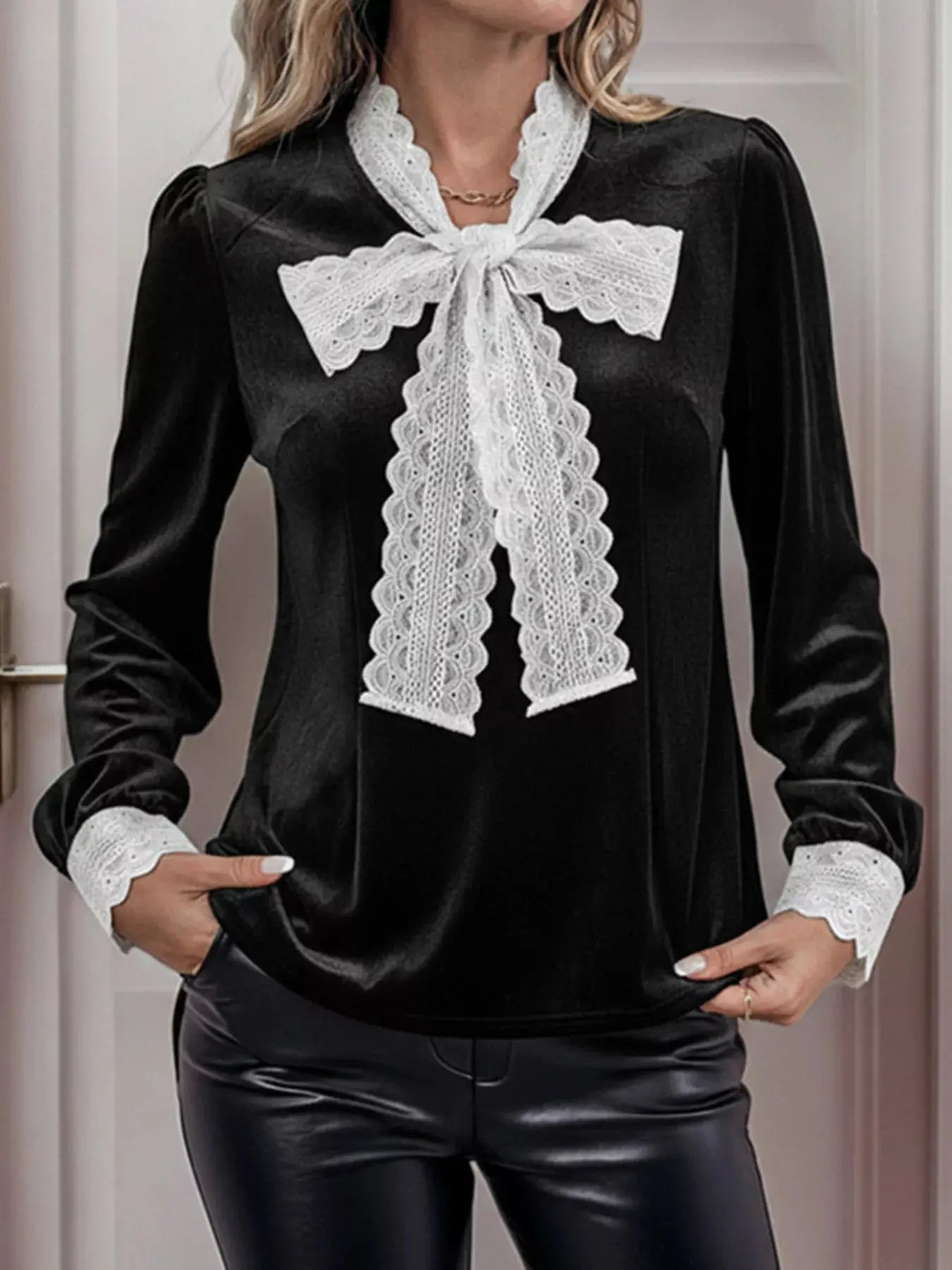 Lace Bow Tie Velvet Blouse Simply Love