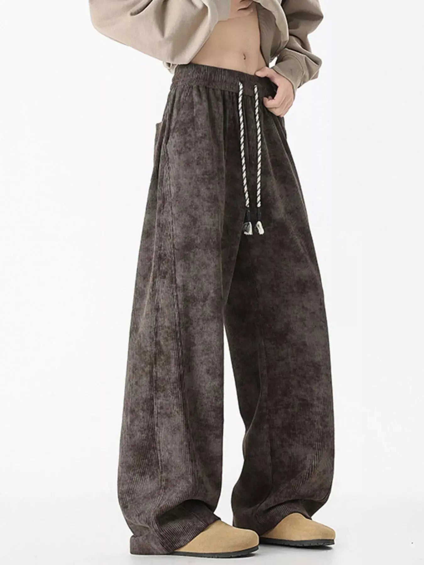 Men's Plus Size Vintage Wash Wide Leg Drawstring Polyester Pants With Pockets Simply Love