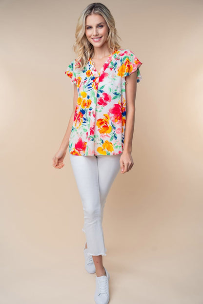 White Birch Full Size Short Sleeve Floral Woven Top.