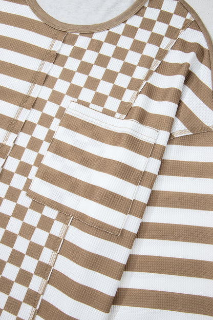 Khaki patchwork blouse with checkerboard and striped design