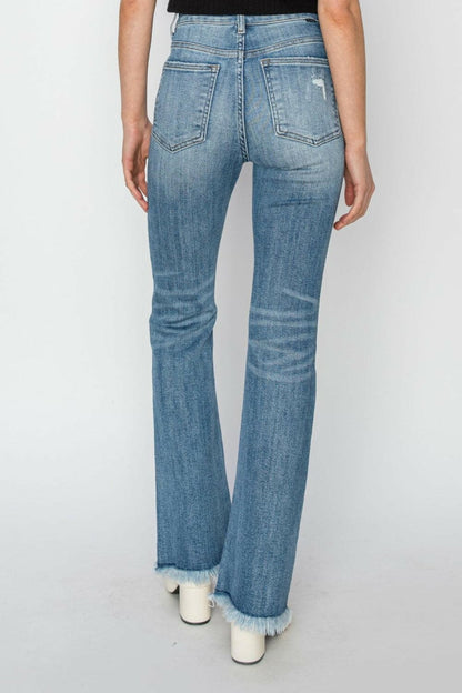 RISEN High Rise Frayed Hem Bootcut Jeans.