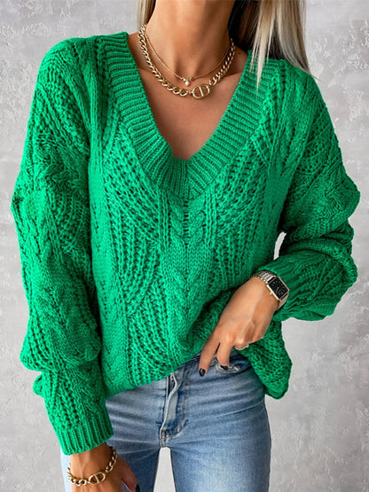 V-Neck Cable-Knit Long Sleeve Sweater.