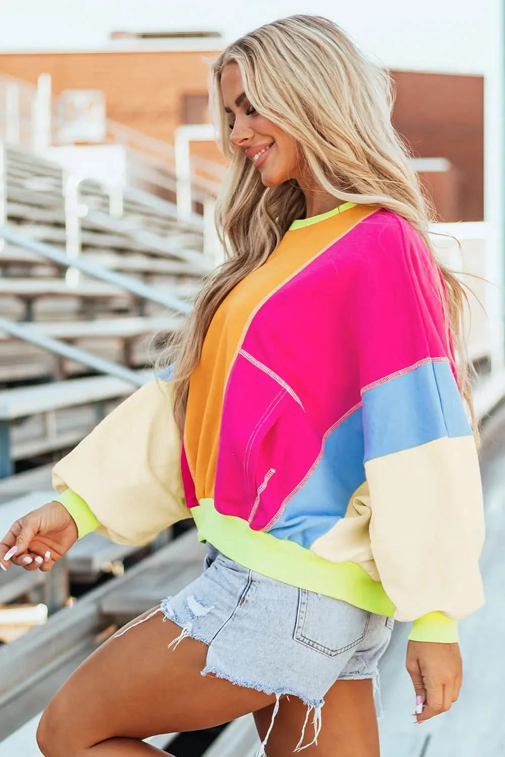 Chic color block long sleeve top with pockets