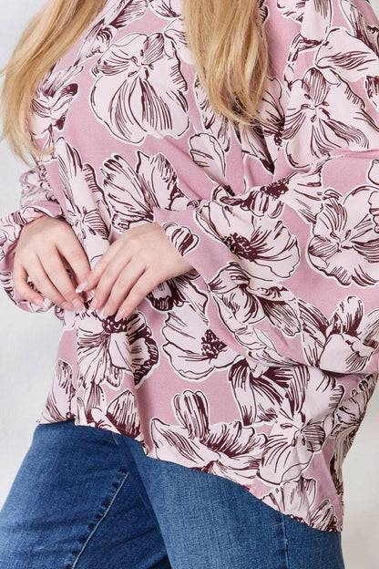 Heimish Full Size Floral V-Neck Balloon Sleeve Blouse.