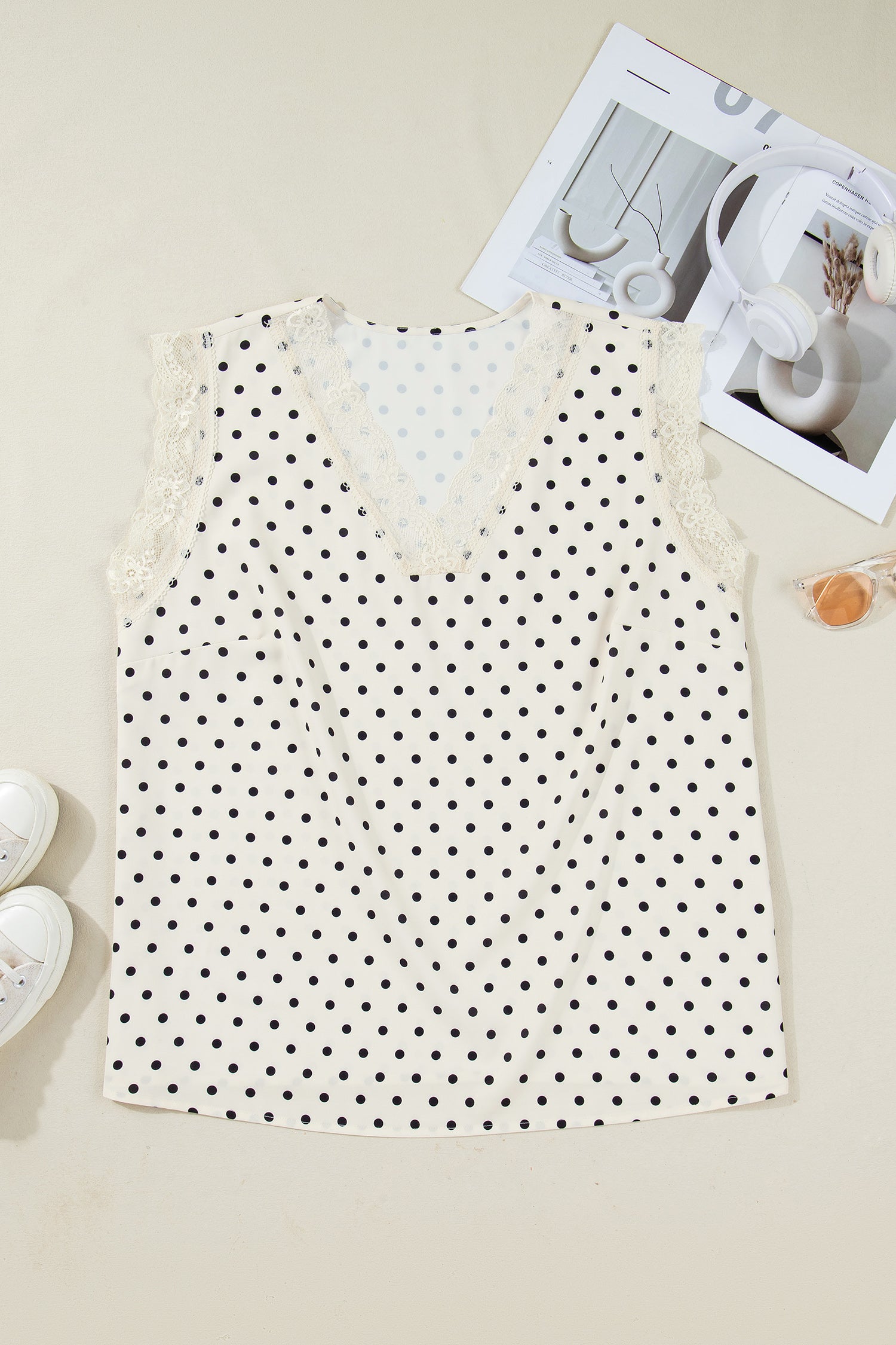 Apricot Plus Size Polka Dot Print Lace Trim V Neck Sleeveless Top - Love Salve