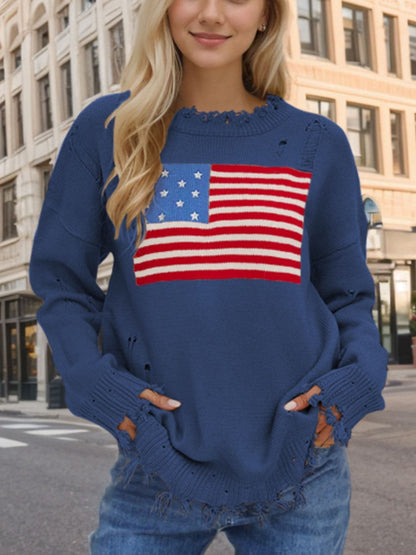 Distressed US Flag Sweater - Acrylic, Long Sleeve, Round Neck