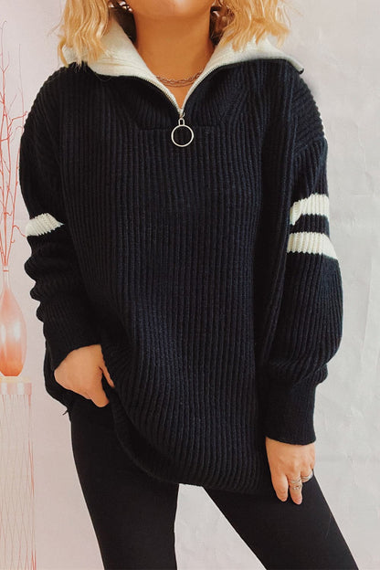 Quarter Zip Striped Dropped Shoulder Sweater.