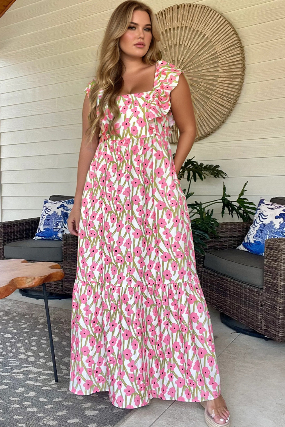 Plus Size Pink Floral Maxi Dress With Ruffle Trim And Square Neck High Waist Dear-Lover Dropshipping