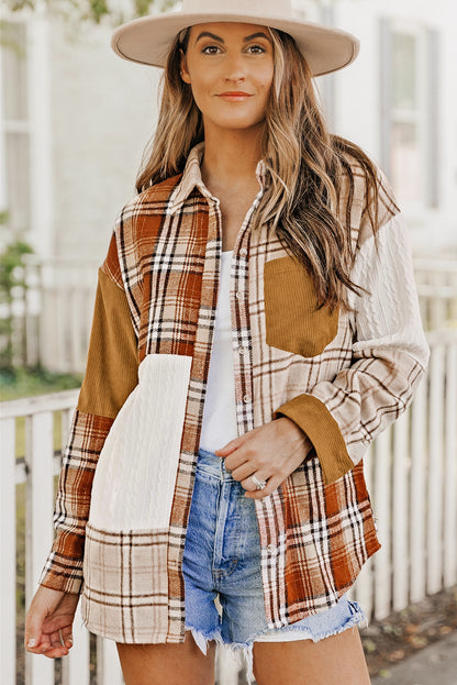 Vibrant orange plaid patchwork shirt jacket with practical pockets