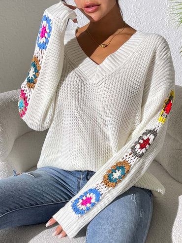 Floral crochet V-neck pullover sweater