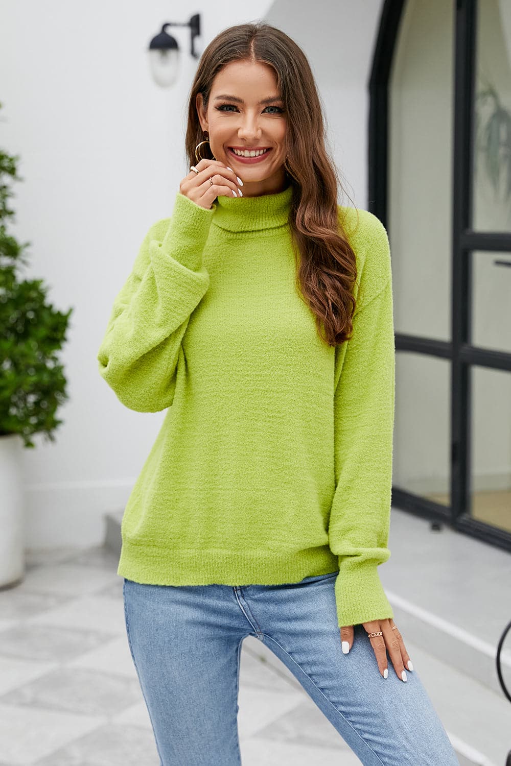 Mock Neck Dropped Shoulder Long Sleeve Sweater.