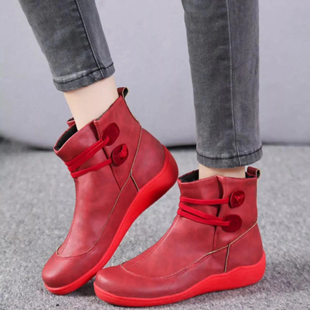 Women Button Detail Ankle Boots PU Leather Flat Heel Rubber Sole Simply Love
