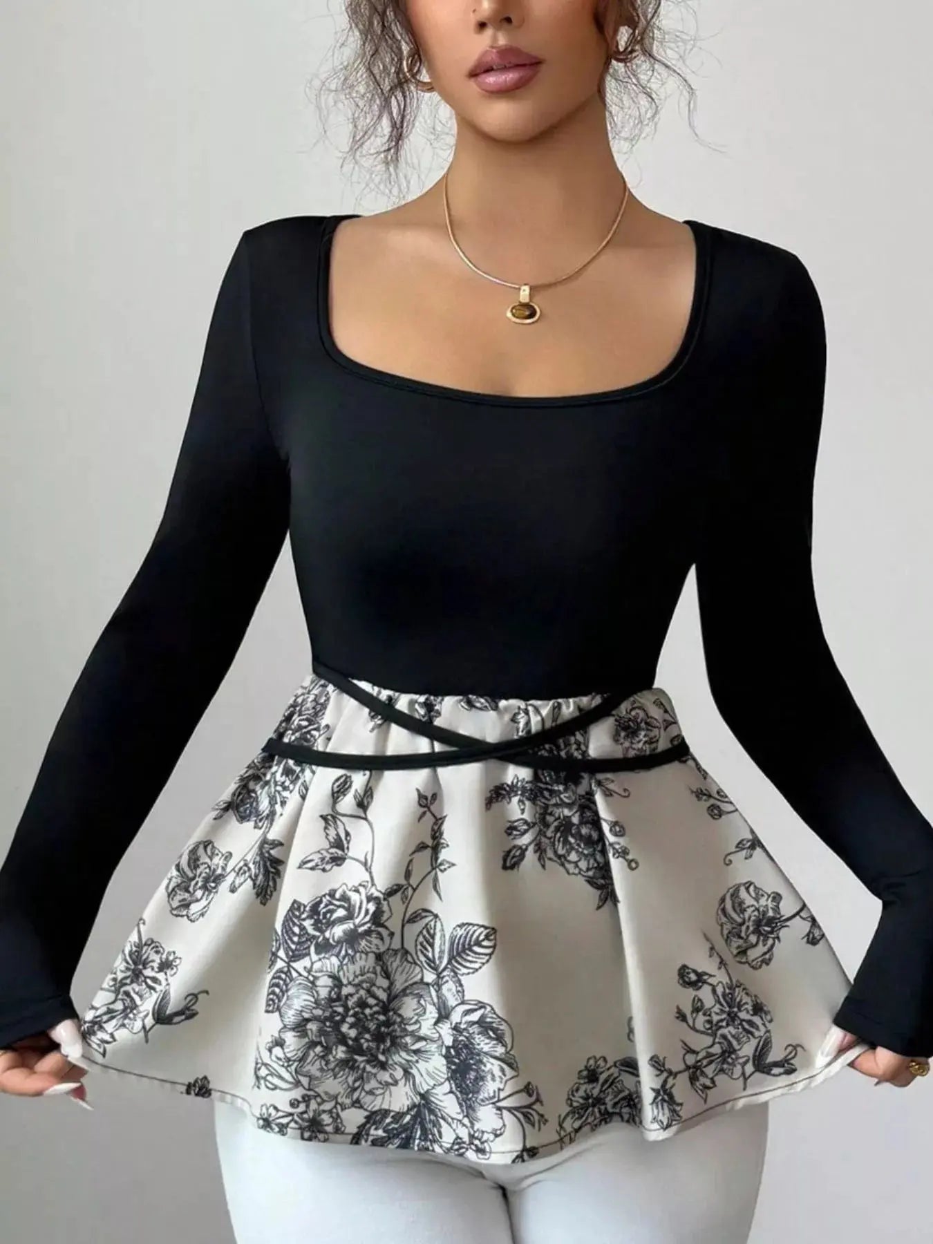 Floral Print Peplum Hem Long Sleeve Top Simply Love