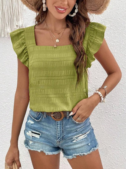 Ruffled Square Neck Cap Sleeve Blouse.