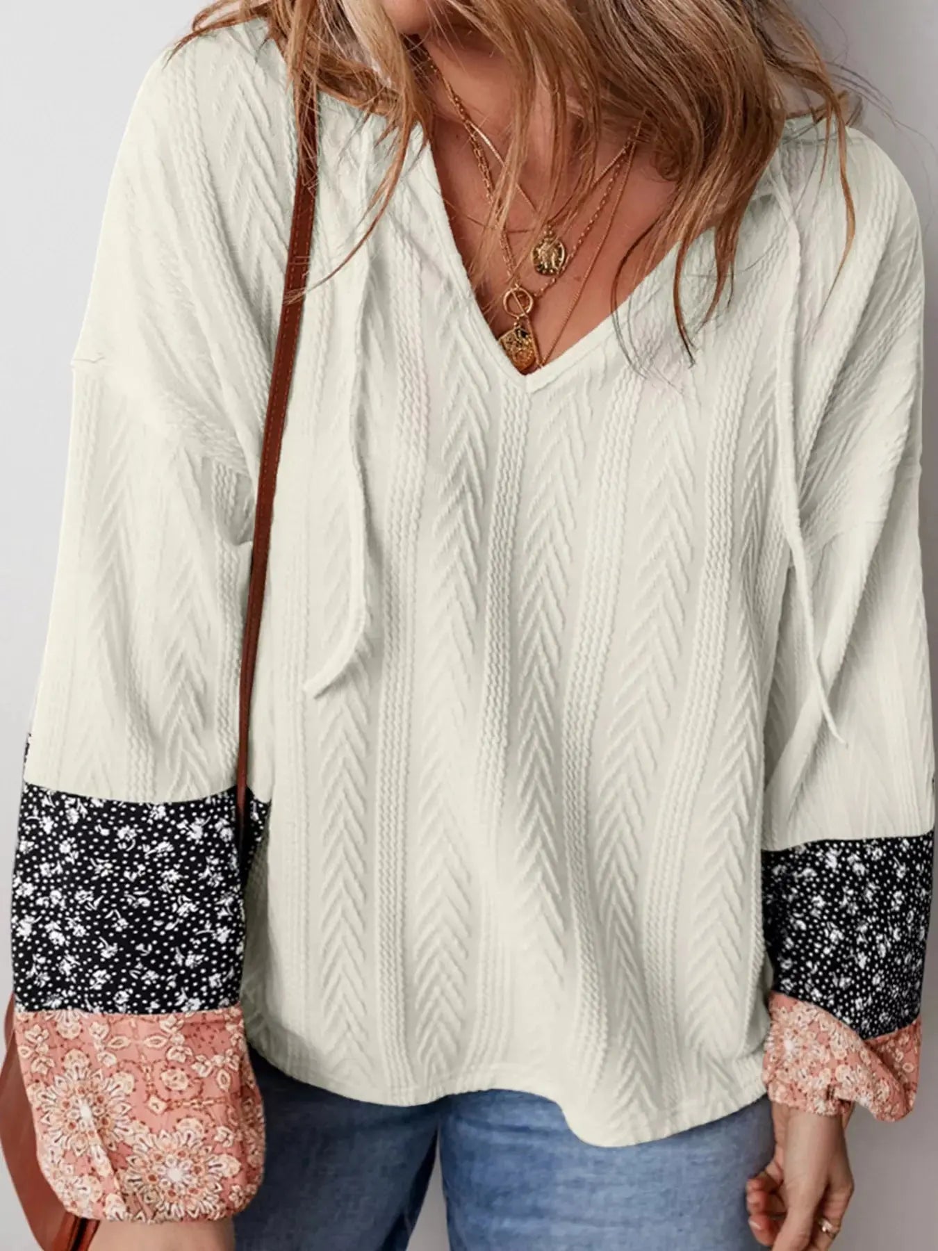 Floral Patchwork Textured Knit Drawstring V Neck Blouse Simply Love