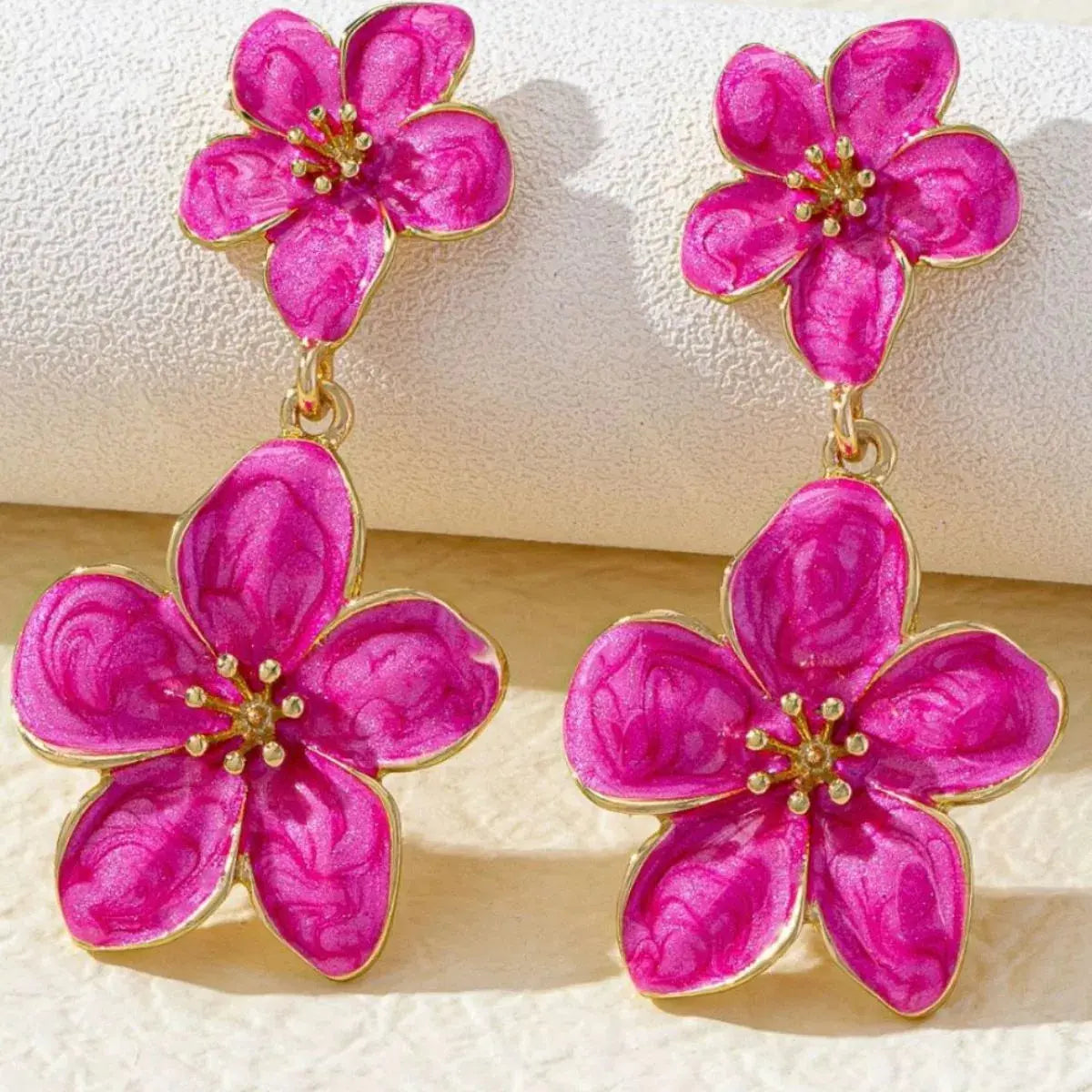 Gold Plated Flower Dangle Earrings Zinc Alloy White Resin Petals Simply Love