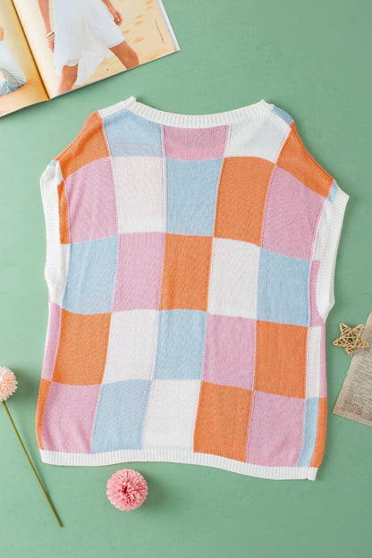 Color Block Round Neck Cap Sleeve Knit Top.