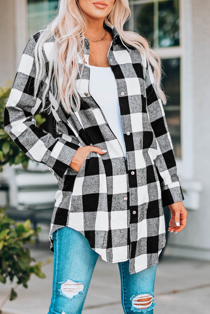 Black Turn-down Collar Plaid Shirt Coat