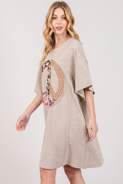 SAGE + FIG Full Size Peace Sign Applique Short Sleeve Tee Dress.