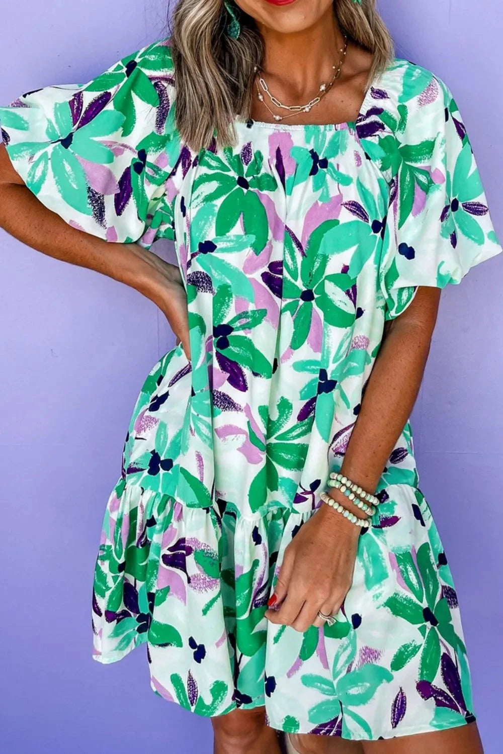 Floral Print Shirred Square Neck Loose Fit Mini Dress Simply Love