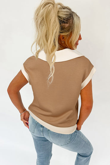 Simply Taupe Half Zipper Collared Colorblock Top