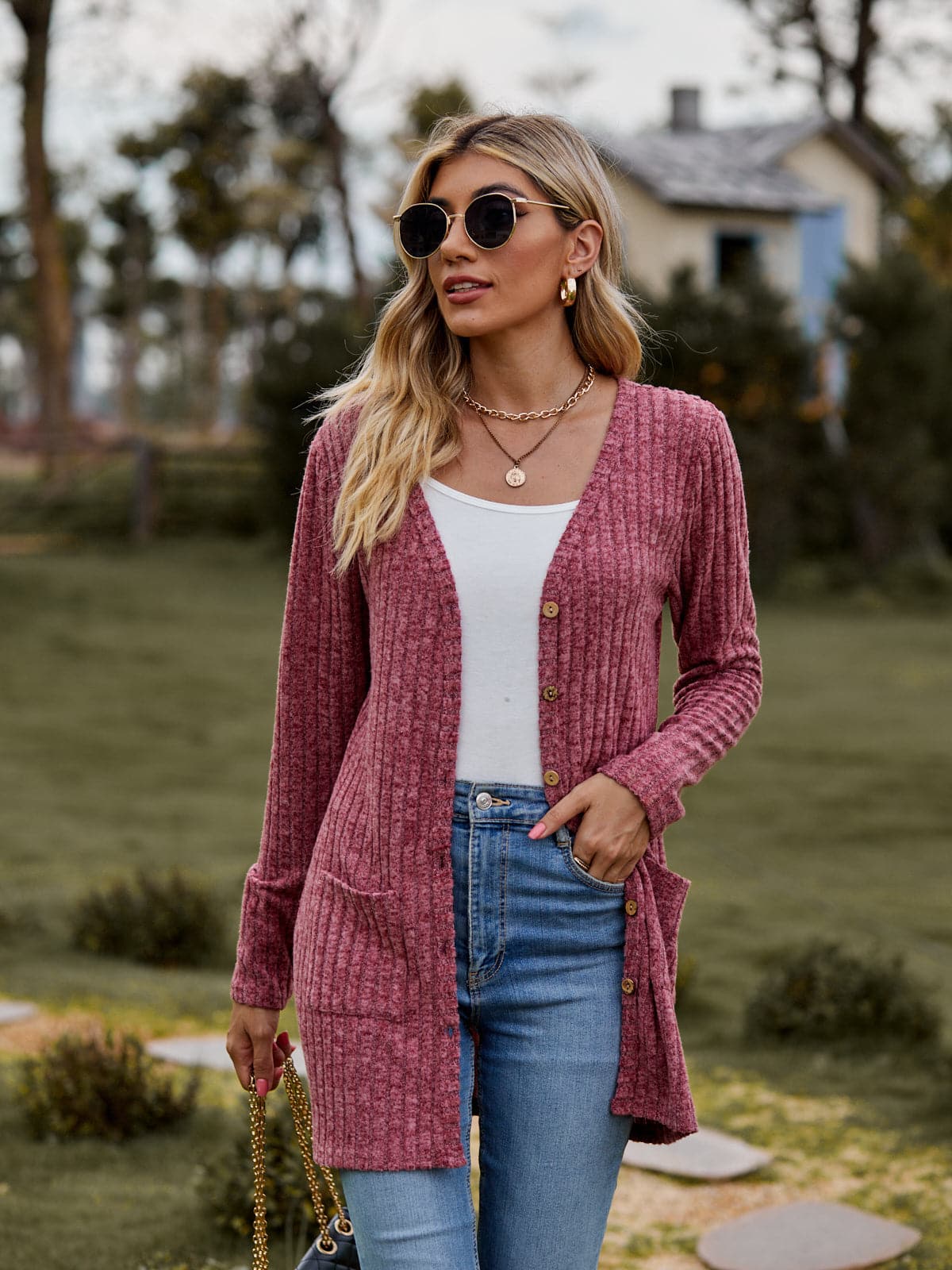 Ribbed Button-Up Cardigan with Pockets.