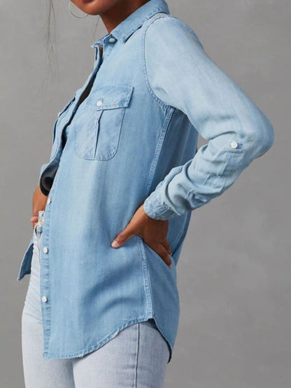 Chic collared denim top with roll-tab sleeves