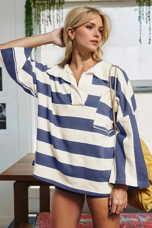 Oh Striped Johnny Collar Long Sleeve T-Shirt - Love Salve