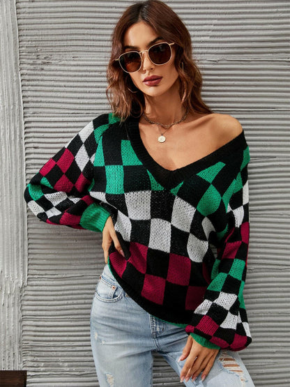 Checkered V-Neck Lantern Sleeve Sweater.