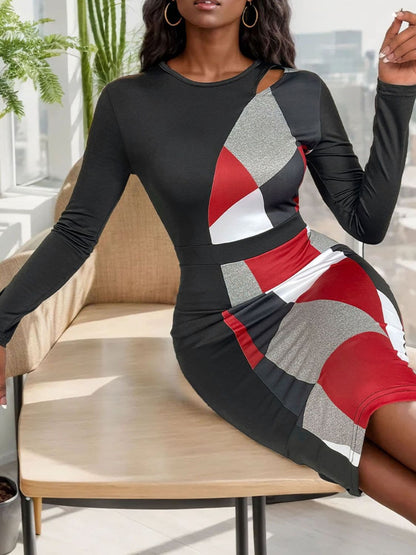 Cutout Color Block Round Neck Long Sleeve Dress.