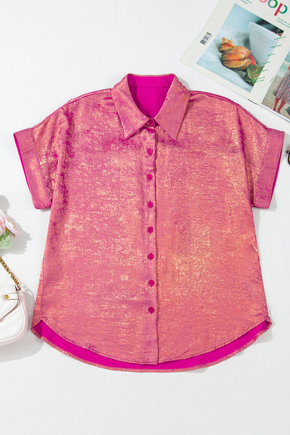 Rose Red Metallic Short Sleeve Casual Button-Up Shirt