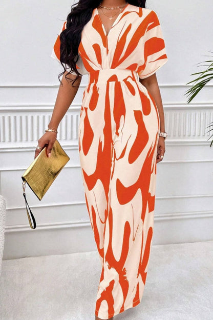 Printed V-Neck Short Sleeve Wide Leg Jumpsuit.