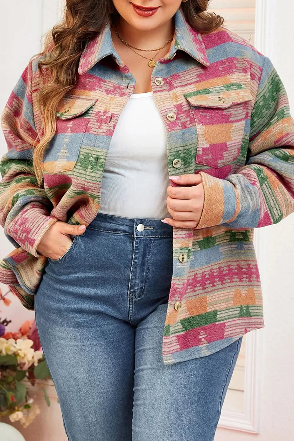 Stylish plus size collared jacket with pockets and vibrant print