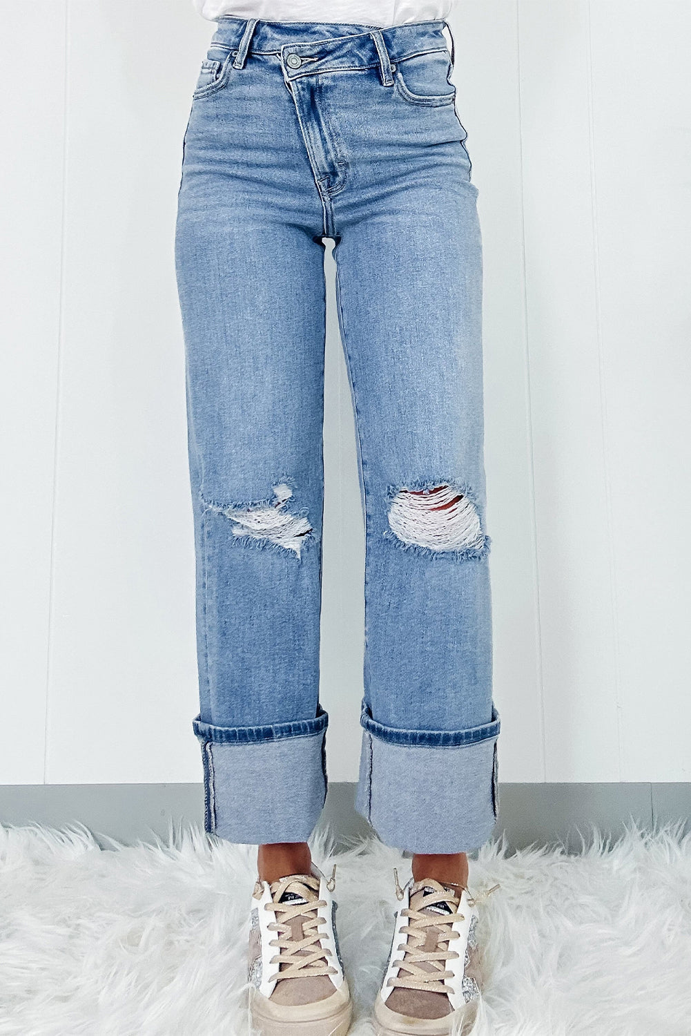 Dusk Blue High Waist Asymmetric Ripped Jeans with Button Fly