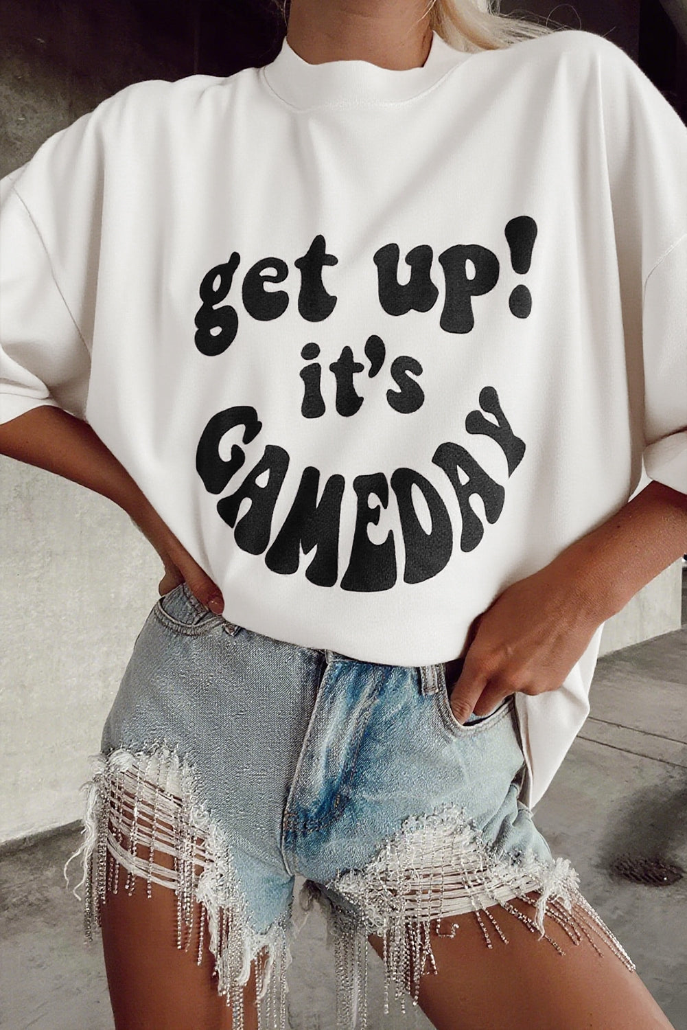 Beige Game Day Slogan Printed Oversize Half Sleeve T Shirt