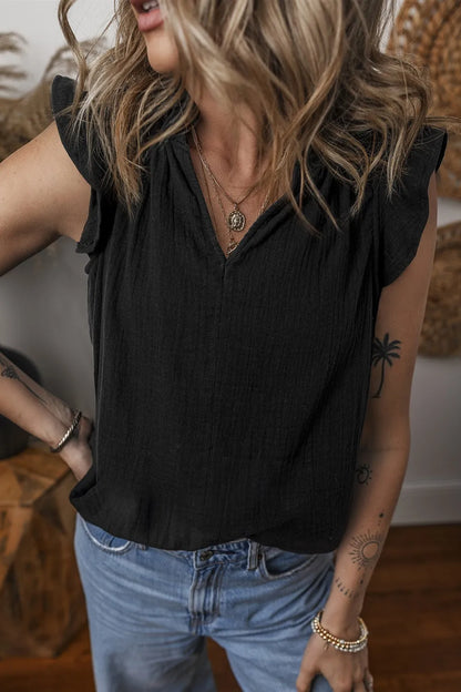 Ruffled Shoulder Notched Shift Tank Top