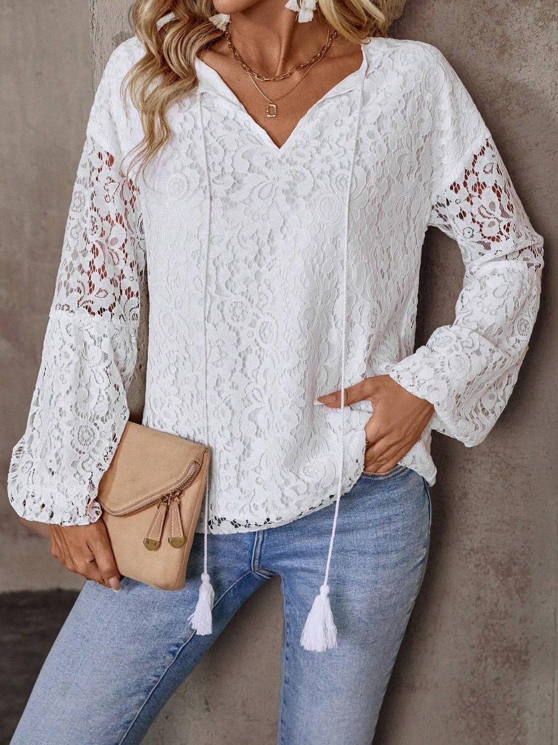 Lace Tie Neck Long Sleeve Blouse.