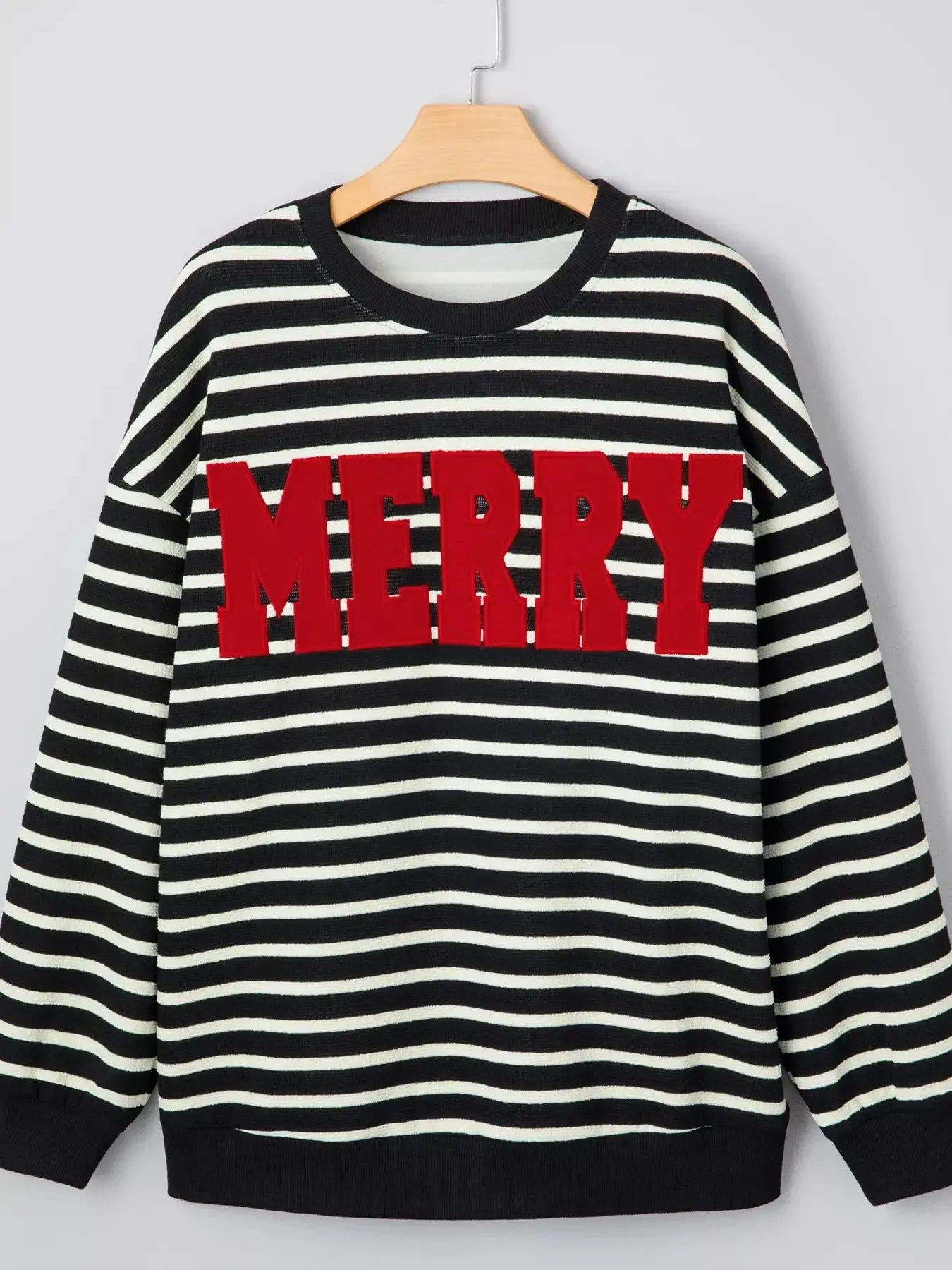 Striped Christmas Sweatshirt With Red Merry Letter Print Drop Shoulder Simply Love