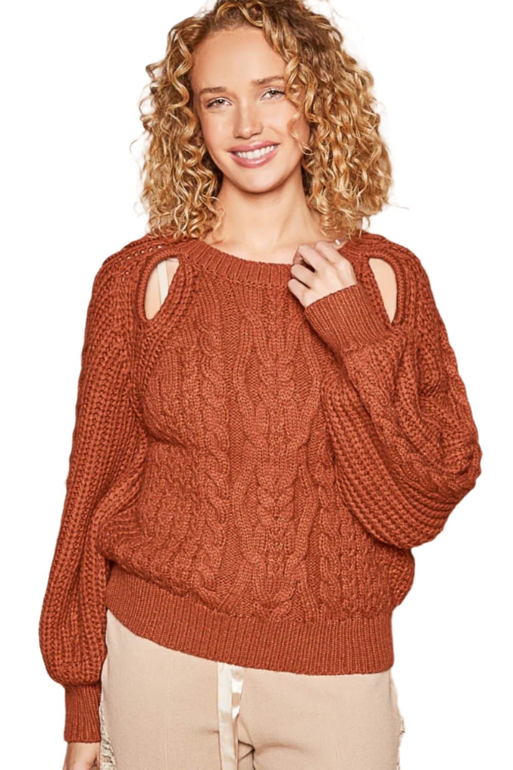 POL Cable Knit Cutout Long Sleeve Sweater.