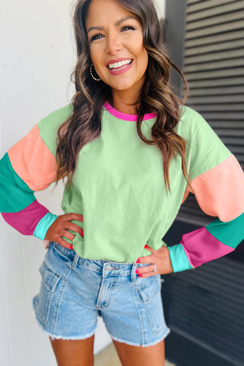 Green colorblock oversized long sleeve top