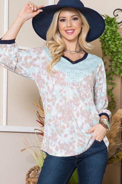 Celeste Full Size Leaf Print Contrast Trim Balloon Sleeve Top.