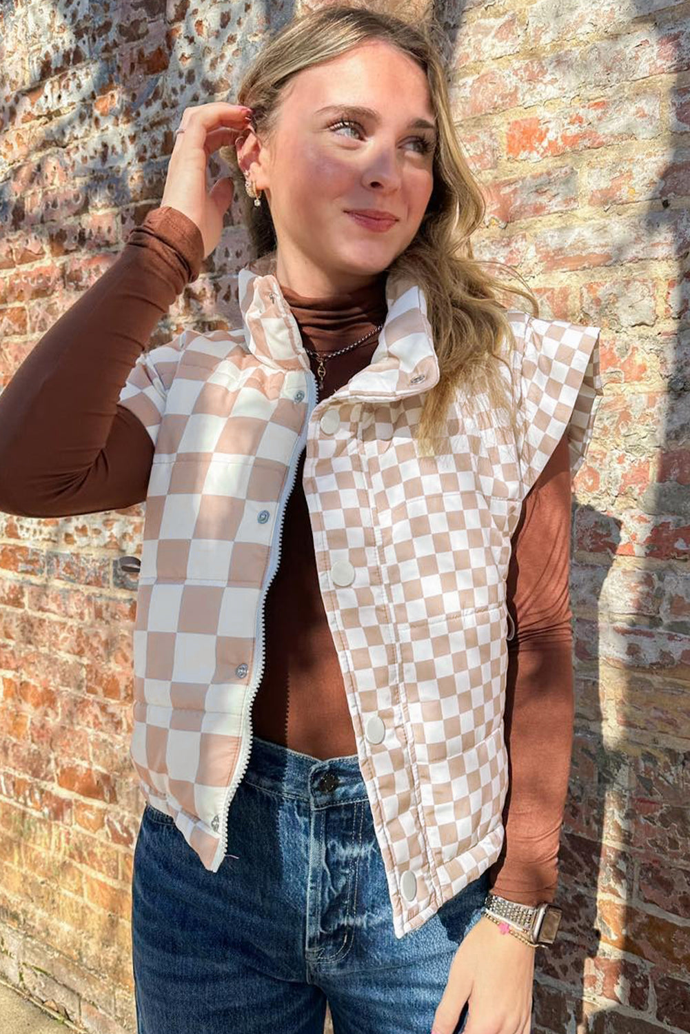 Khaki Contrast Plaid Quilted Button Zip Up Vest For Women Dear-Lover Dropshipping