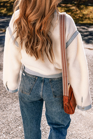 Chic white sherpa jacket with contrast trim and button closure