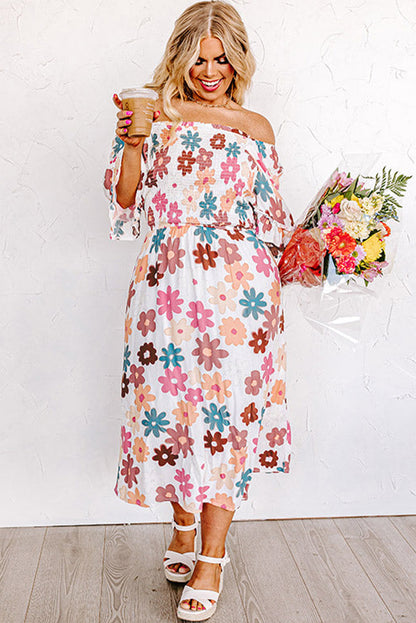 Elegant white floral off-shoulder dress for plus sizes